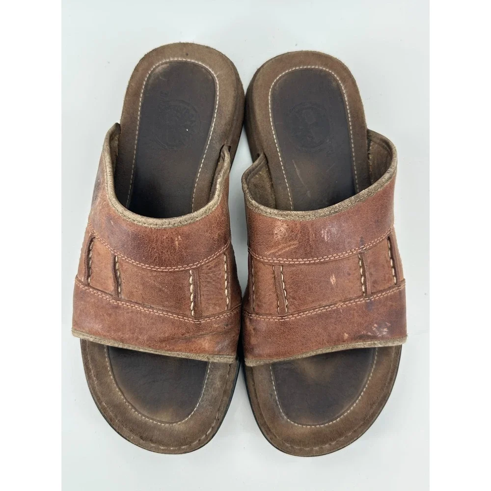Timberland Mens Brown Leather Slide Sandals Contrast Stitching 53083 Size 10M
